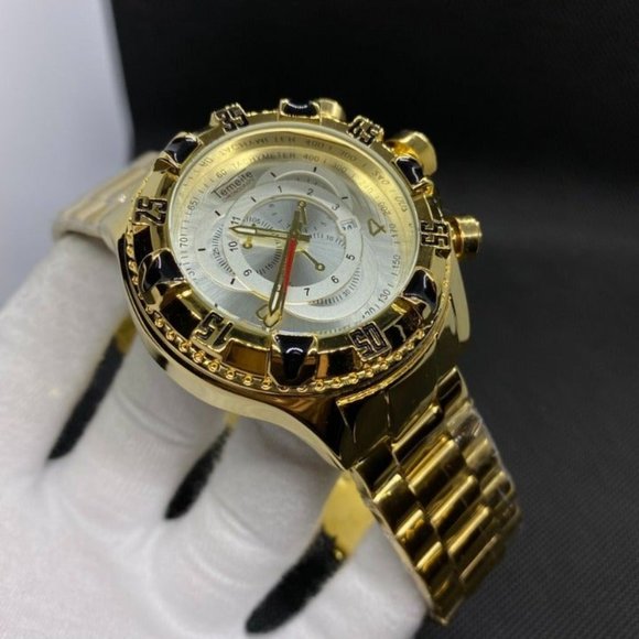 Men's Gold Color Military Watch Large Dial All Stainless Steel Night Light - Picture 4 of 7